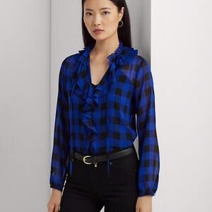 Lauren Ralph Lauren Buffalo Check Ruffled Georgette blouse blue black - XS